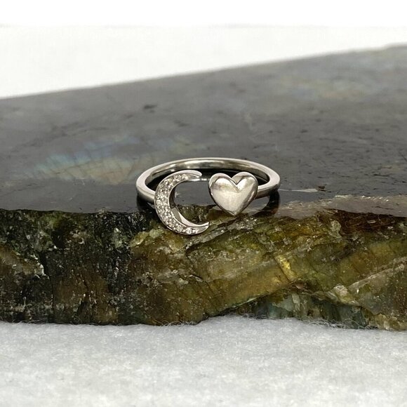 Sterling Silver 925 Dainty Diamond Crescent Moon & Heart Bypass Band Ring Sz 5 - Picture 4 of 16